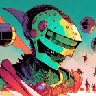 Colorful Alien Landscape with Giant Robot Head & Flying Saucers