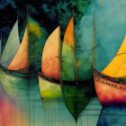 Vibrant sailboats with translucent sails on abstract blue and orange background