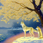 Wolves under starlit sky by glowing blossom tree at lakeside