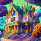 Detailed Victorian House in Surreal Fantasy Landscape with Colorful Elements