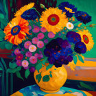 Colorful bouquet painting with sunflowers and daisies in yellow vase