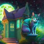 Vibrantly glowing cat in front of quaint house under green moon