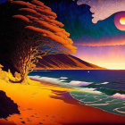 Colorful beach scene with unique tree, orange foliage, green waves, starry sky, and sun