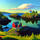 Coastal scene with red house, sailboat, and lighthouse on cliff