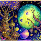 Fantasy artwork of cosmic tree with golden fruits under starry night sky