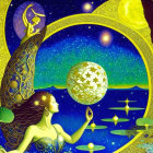 Colorful artwork of woman holding planet with starry hair, tree, lotuses, crescent moon