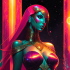 Teal-skinned woman with futuristic jewelry in cosmic setting