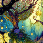 Fantastical starry night scene with lanterns, twisting trees, and butterflies