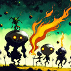 Green-skinned character on large robot leads smaller robots in dystopian landscape