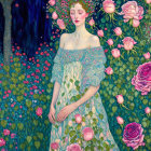 Woman surrounded by flowers in serene illustration