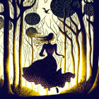 Silhouette of woman in star-patterned dress under night sky with luminous orbs