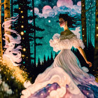 Woman in flowing white dress in mystical forest with glowing flowers and oversized moon and stars