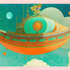 Colorful ornate boat in mystical sky with planets and graceful figures