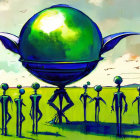 Stylized alien figures in field with spaceship