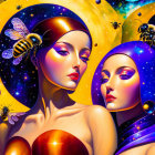 Colorful digital artwork: Two stylized women with cosmic and bee motifs in celestial setting