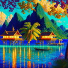 Tropical landscape with overwater bungalows, palm trees, mountains, and colorful sunset