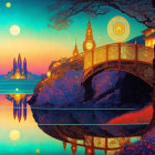 Fantasy landscape with ornate bridge, boat, and whimsical architecture