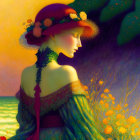 Woman in profile with red hat and green dress in vibrant landscape.