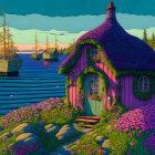 Vivid illustration: Purple-roofed cottage near sea at dusk with boats and vibrant flora