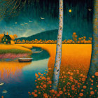 Colorful landscape with cottage, boat, golden fields, swirling trees, and starry night sky