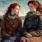 Two Red-Haired Women in Rural Setting Illustration