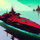 Red futuristic battleships on serene sea with teal sky and planets and moon in sci-fi marine scene.