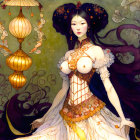 Elaborate golden gown woman with lantern and floral motifs