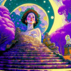 Surreal artwork: giant woman's face in moonlit sky above staircase with purple trees