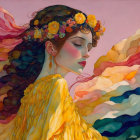 Profile of woman with floral headpiece against colorful abstract backdrop in yellow outfit