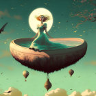 Woman in flowing dress in bowl vessel under full moon with birds and hot air balloons.