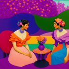 Two women in colorful dresses under purple tree with flower bowl