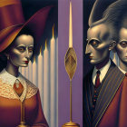 Surrealist painting of three elongated figures in formal attire