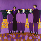 Six human-bodied figures with sheep heads in purple robes on polka-dotted backdrop