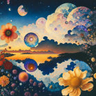 Colorful surreal landscape with lake, planets, flowers, and cosmic elements