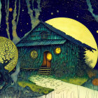 Cozy house among vibrant trees under yellow moon