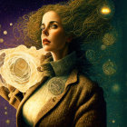 Illustration of woman with starry hair in cosmic setting