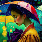 Woman with Colorful Umbrella in Impressionistic Raindrops