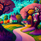 Surreal landscape with stylized trees, winding path, quaint houses, hills, and vivid blue