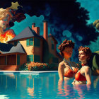 Surreal painting: Two people in pool by house, fiery skies, floating spheres, children swimming