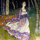 Fantastical illustration of woman in purple dress surrounded by birch trees