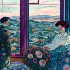 Two women in stylized room with large windows overlooking colorful countryside and vivid flowers