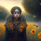 Mystical portrait of girl with glowing flowers and fireflies in twilight forest