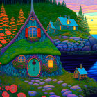 Colorful landscape with moss-covered cottage, rolling hills, and serene sunset.