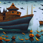 Colorful Stylized Artwork of Ships on Sea with Fish and Birds