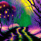 Fantastical landscape with glowing moon, purple trees, and illuminated forest path