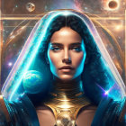 Surreal portrait of woman with cosmic elements and golden neck rings