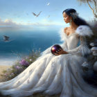 Serene woman in white gown with glowing orb by tranquil sea