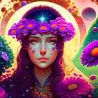 Colorful portrait of a woman with flowers in cosmic setting