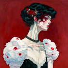 Portrait of woman with red flower, ruffled sleeves, black corset, and melancholic look