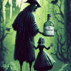 Eerie illustration of a cloaked figure with plague doctor mask and small girl in spooky setting